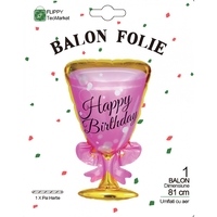 Balon din Folie Metalizata, Flippy, Figurina Pahar de Vin, Tema Aniversare, 93x48 cm, Ambalaj Individual, Pai Inclus, Umflare cu Aer sau Heliu, Roz