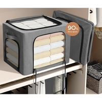 Cutie de Depozitare, Flippy, cu 3 Ferestre cu Fermoar Bidirectional, Cadru din Otel, Impermeabil, 38L, 42 x 30 x 30 cm, Gri Inchis