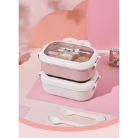 Cutie pentru Pranz sau Gustari, Flippy, cu Doua Compartimente, Model Iepuras, pentru Copii si Adulti, Etansare, PP, Perfect pentru Scoala si Birou, 1000 mL, 22x17.8x8 cm, Alb