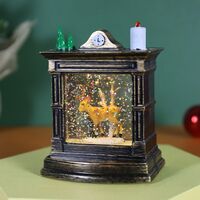 Decoratiune de Craciun tip Semineu / Ceas, Flippy, Glob de Cristal cu Fulgi de Zapada, Model Ren, Iluminare LED, 11.5 x 8.5 x 6.5 cm, Carcasa Vintage Bronze, Transparent