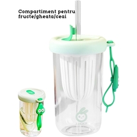 Pahar din silicon, cu capac si pai, pentru copii, Flippy, anti-cadere, compartiment pentru fructe/ceai/gheata, rezistent la temperaturi inalte, 500ml, Verde, 14.5x8.8x20 cm