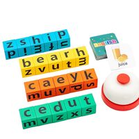 Joc cu Blocuri din Lemn, Flippy, Formare Cuvinte, Cartonase cu Obiecte si Animale, Clopotel, Joc pentru 4 Persoane, 3 Ani+, 28x15.5x5 cm, Multicolor