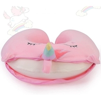 Perna de Calatorie in Forma de U, Flippy, Pentru Gat si Cap, Umplutura din Spuma cu Memorie, 30x30 cm, Model Unicorn, Accesoriu de Voiaj, Birou, Masina, Sistem Prindere Capse, Roz
