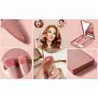 Set 5 Mini Pensule de Machiaj, Flippy, Portabile, in Carcasa cu Oglinda, din Par Sintetic Moale, Roz Pastel, 12x7x2.5 cm