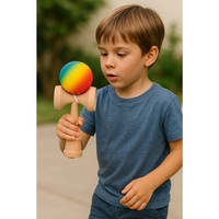 Jucarie Interactiva Kendama, Flippy, din Lemn, 18 cm, Joc de Indemanare pentru Copii si Adulti, Model Gradient 3, Rosu/Galben/Albastru