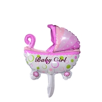 Set 3 Baloane din Folie Metalizata, Flippy, Figurine Carucior, Inima, Fundita, Tema Botez, 45 cm, Ambalaj Individual, Pai Inclus, Umflare cu Aer sau Heliu, Roz