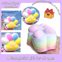 Jucarie Antistres Squishy, Flippy, cu Revenire Lenta, Model Labuta de Pisica Pufoasa, 12.5x10.5 cm, 220g, Squeeze Pinch Family, Ambalaj Transparent, Roz Curcubeu