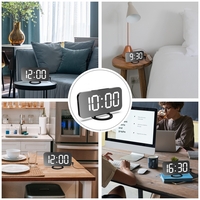 Ceas digital cu LED, Flippy, multifunctional, afisaj digital, alarma, 2 porturi USB de iesire, ecran tip oglinda, modern, 15.8 cm, alb