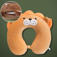 Perna de Calatorie in Forma de U, Flippy, Pentru Gat si Cap, Umplutura din Spuma cu Memorie, 30x30 cm, Model Leu, Accesoriu de Voiaj, Birou, Masina, Sistem Prindere Capse, Maro