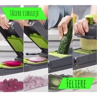 Feliator Multifunctional, Flippy, Razatoare, 8 in 1, pentru Fructe si Legume, 10 Piese, Lame de Inox, Recipient Stocare, Separator Oua, Protectie Mana, ABS, 32.2x11.3 cm, Verde/Gri