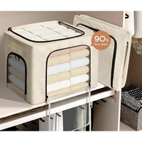 Cutie de Depozitare, Flippy, cu 3 Ferestre cu Fermoar Bidirectional, Cadru din Otel, Impermeabil, 38L, 42 x 30 x 30 cm, Bej