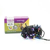 Instalatie de Craciun liniara Yoto, 10 m, din care 1 m cablu priza 220V, 100 LED, 8 jocuri de lumini, pentru interior, controler, fir negru, multicolor