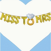 Set Baloane din Folie Metalizata, Flippy, Model Miss to Mrs cu Inel de Logodna, Litere de 40 cm, Tema Iubire, Baloane Party, Ambalaj Individual, Pai Inclus, Umflare cu Aer sau Heliu, Auriu