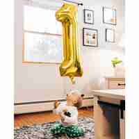 Balon din Folie Metalizata Flippy, Figurina Cifra, Tema Aniversare 80 cm, Ambalaj Individual, Pai inclus, Umflare cu Aer sau Heliu, Auriu, Cifra 1