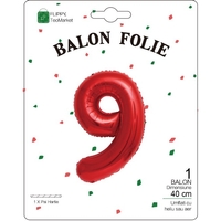 Balon din Folie Metalizata Flippy, Figurina Cifra, Tema Aniversare 40 cm, Ambalaj Individual, Pai inclus, Umflare cu Aer sau Heliu, Rosu, Cifra 9