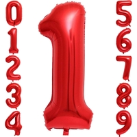 Balon din Folie Metalizata Flippy, Figurina Cifra, Tema Aniversare 40 cm, Ambalaj Individual, Pai inclus, Umflare cu Aer sau Heliu, Rosu, Cifra 1