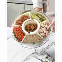 Cutie de Depozitare pentru Alimente, Flippy, cu 6 Compartimente, pentru Condimente, Fructe, Legume, cu Manere de Prindere, Rotativa 360 de Grade, Inchidere Ermetica, 32x10 cm, Alba
