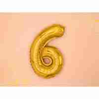 Balon din Folie Metalizata Flippy, Figurina Cifra, Tema Aniversare 80 cm, Ambalaj Individual, Pai inclus, Umflare cu Aer sau Heliu, Auriu, Cifra 6