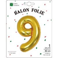 Balon din Folie Metalizata Flippy, Figurina Cifra, Tema Aniversare 80 cm, Ambalaj Individual, Pai inclus, Umflare cu Aer sau Heliu, Auriu, Cifra 9