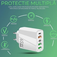 Incarcator Retea, Flippy, 5 Porturi, 65W Fast Charge, 3 x USB, 2 x Type-C, Universal Compatibil iPhone, Huawei, Samsung, Xiaomi, Alb