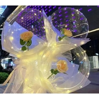Buchet Decorativ, Flippy, Trandafir in Balon cu Lumini Led, Diametru 35 cm, 2 x Baterii AA (neincluse), Sampanie