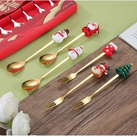 Set 4 Tacamuri, Flippy, Tema Craciun, 2 Linguri + 2 Furculite, cu Figurine, din Otel Inoxidabil, Cutie Cadou, 19 x 15 x 2.2 cm, Auriu