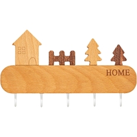 Suport pentru Chei, Flippy, din Lemn, Aplicare fara Perforare, Adeziv Inclus, 5 Carlige Albe, Model Casuta, Greutate Suportata 5 kg, 13.5 x 23 cm, Maro