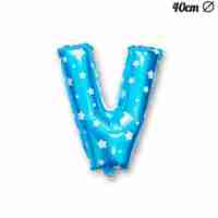 Balon Folie Metalizata Litera V, Flippy, 40 cm, Cu Imprimeu Stelute, Umflati cu Heliu sau Aer, Ambalaj Individual, Pai inclus, Albastru