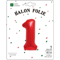 Balon din Folie Metalizata Flippy, Figurina Cifra, Tema Aniversare 40 cm, Ambalaj Individual, Pai inclus, Umflare cu Aer sau Heliu, Rosu, Cifra 1