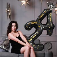 Balon din Folie Metalizata Flippy, Figurina Cifra si Coroana, Scris Happy Birthday, Tema Aniversare 100 cm, Ambalaj Individual, Pai inclus, Umflare cu Aer sau Heliu, Negru, Cifra 4