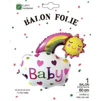 Balon din Folie Metalizata, Flippy, Figurina Soare si Nor, Tema Botez, 60x53 cm, Ambalaj Individual, Pai Inclus, Umflare cu Aer sau Heliu, Roz