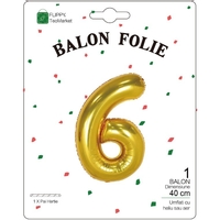 Balon din Folie Metalizata Flippy, Figurina Cifra, Tema Aniversare 40 cm, Ambalaj Individual, Pai inclus, Umflare cu Aer sau Heliu, Auriu, Cifra 6