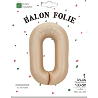 Balon din Folie Metalizata, Flippy, Model Cifra 0, 100 cm, Ambalaj Individual, Pai Inclus, Crem