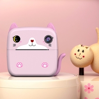 Set Camera Instantanee pentru Copii, Flippy, Ecran HD 2.4'', 24MP, 720P Video, 1200 mAh, cu Functie de Printare Alb-Negru, cablu USB-C, Bluetooth, Compatibil iOS/Android, Imprimare APP, Model Kitty, Roz