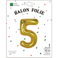 Balon din Folie Metalizata Flippy, Figurina Cifra, Tema Aniversare 40 cm, Ambalaj Individual, Pai inclus, Umflare cu Aer sau Heliu, Auriu, Cifra 5