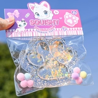 Jucarie Antistres Squishy, Flippy, cu Revenire Lenta, Model Labuta de Pisica Pufoasa, 12.5x10.5 cm, 220g, Squeeze Pinch Family,  Galben Transparent