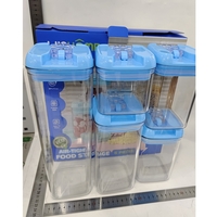 Set 5 Cutii de Depozitare Alimente, Flippy, 1 x 500ml, 2 x 800ml, 1 x 1200ml, 1 x 1900ml, Capac Albastru, din PP+PET, Inchidere Ermetica, Transparent
