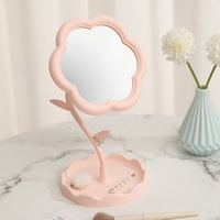Oglindă de Machiaj pentru Birou, Flippy, Rotativă, Detasabilă, Model de Floarea Soarelui, Suport pentru Inele, cu Depozitare, Roz