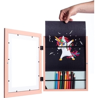 Rama Foto Flippy, cu Magnet, din Lemn, cu Spatiu Pentru Depozitare, Pentru Desene si Picturi A4, Sticla Securizata, Rama MDF, 21x30 cm, Roz