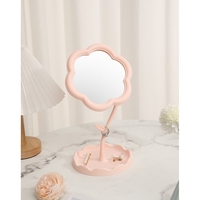 Oglindă de Machiaj pentru Birou, Flippy, Rotativă, Detasabilă, Model de Floarea Soarelui, Suport pentru Inele, cu Depozitare, Roz
