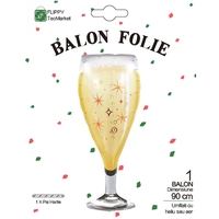 Balon din Folie Metalizata, Flippy, Figurina Pahar de Sampanie, Tema Aniversare, 100x40 cm, Ambalaj Individual, Pai Inclus, Umflare cu Aer sau Heliu, Auriu