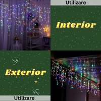 Instalatie Craciun Yoto, Tip Franjuri/Turturi, 12 m, 300 LED-uri, Prelungitor 1.5 m, 8 Jocuri de Lumini, Interconectabila, Conectare la Retea, Fir transparent, Interior/Exterior, Multicolor