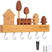 Suport pentru Chei, Flippy, din Lemn, Aplicare fara Perforare, Adeziv Inclus, 6 Carlige Albe, Model Casuta, Greutate Suportata 5 kg, 14.5 x 2 x 22.5 cm, Maro