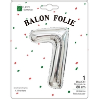Balon din Folie Metalizata, Flippy, Figurina Cifra, Tema Aniversare 80 cm, Ambalaj Individual, Pai inclus, Umflare cu Aer sau Heliu, Argintiu, Cifra 7