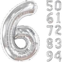 Balon din Folie Metalizata, Flippy, Figurina Cifra, Tema Aniversare 100 cm, Ambalaj Individual, Pai inclus, Umflare cu Aer sau Heliu, Argintiu, Cifra 6