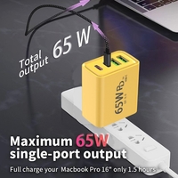 Incarcator Fast Charge pentru Telefon 65W, Flippy, Incarcator Quick Charge cu 2 Porturi USB-A 3.1A & 2 Porturi USB-C, Power Delivery 65W, Cap Standard European, Galben