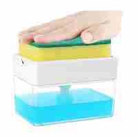 Dozator Flippy, Dispenser 2 in 1 pentru Detergent Lichid de Vase sau pentru Obiecte Sanitare cu Suport pentru Burete de Bucatarie ,14 x 10.5 x 10 cm, capacitate 380 ml, alb