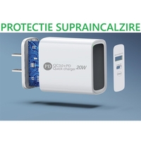 Incarcator Rapid PD QC3.0, Flippy, 2 Porturi, USB + Type C, 20W, Incarcare Rapida, Protectie Supraincalzire, 9.5 x 5.3 x 5.8 cm, Alb