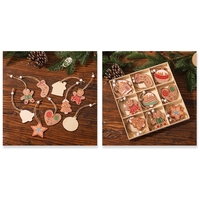 Set 18 Decoratiuni de Craciun din Lemn, Flippy, cu Snur pentru Agatare in Brad, Modele Diverse , Diferite Dimensiuni, Multicolor