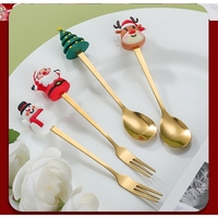 Set 4 Tacamuri, Flippy, Tema Craciun, 2 Linguri + 2 Furculite, cu Figurine, din Otel Inoxidabil, Cutie Cadou, 19 x 15 x 2.2 cm, Auriu